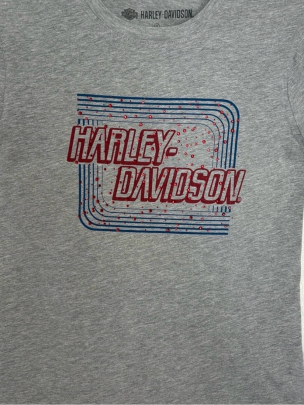 Harley Davidson Gray Tee Rhinestone Custom Red Logo Biker Festival Womens Small